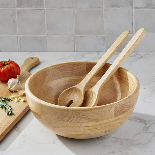 Rubber Wood Salad Bowl with Servers