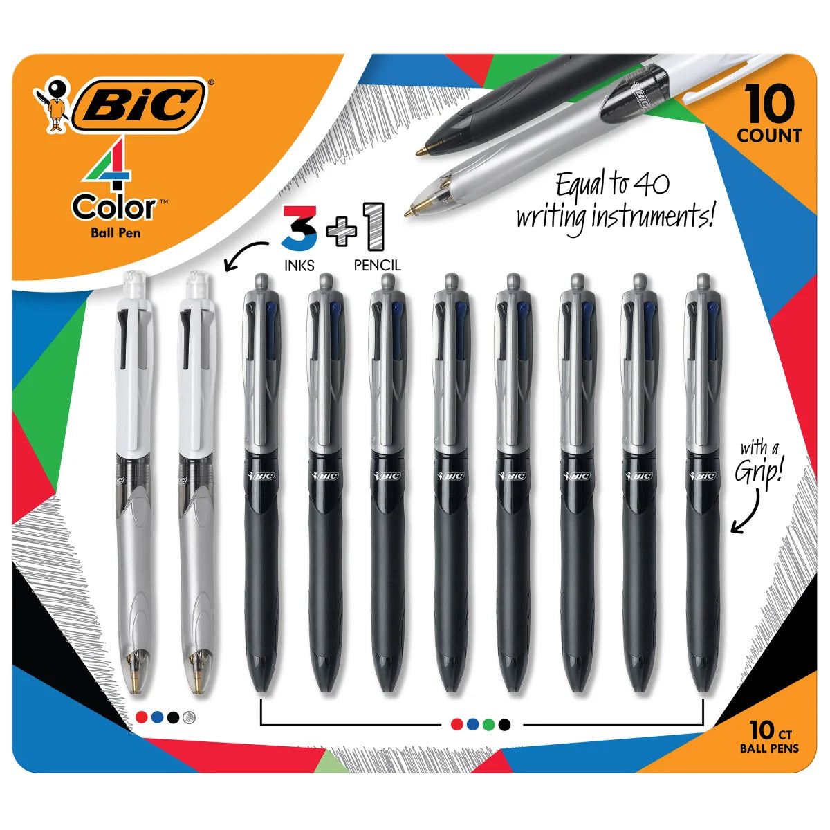 BIC Grip 4 Color Ball Pens with 3 Color + Pencil Set, 10-count