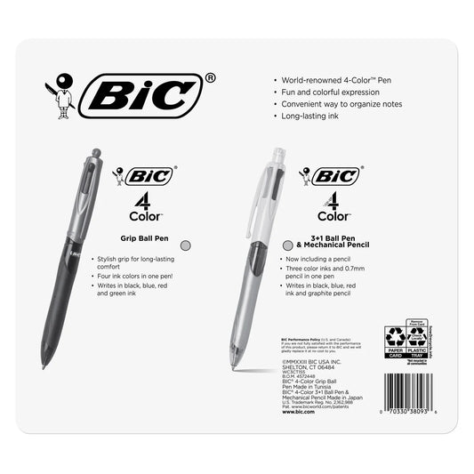 BIC Grip 4 Color Ball Pens with 3 Color + Pencil Set, 10-count