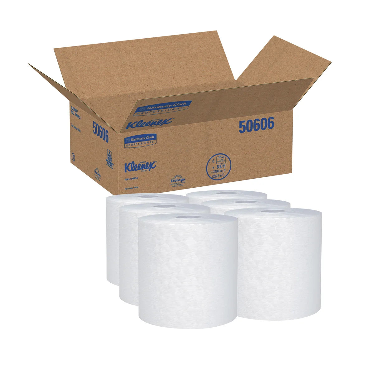 Kleenex Hard Roll Paper Towels, 1-Ply, White, 600 Feet per Roll, Pack of 6