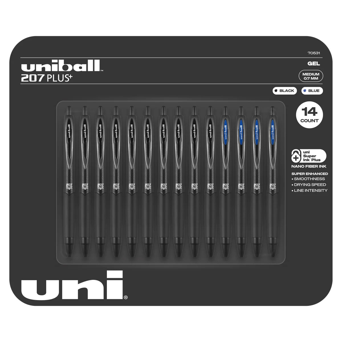 Uni-Ball 207 Plus+ Gel Pens, Retractable, Medium Point (0.7mm), Pack of 14