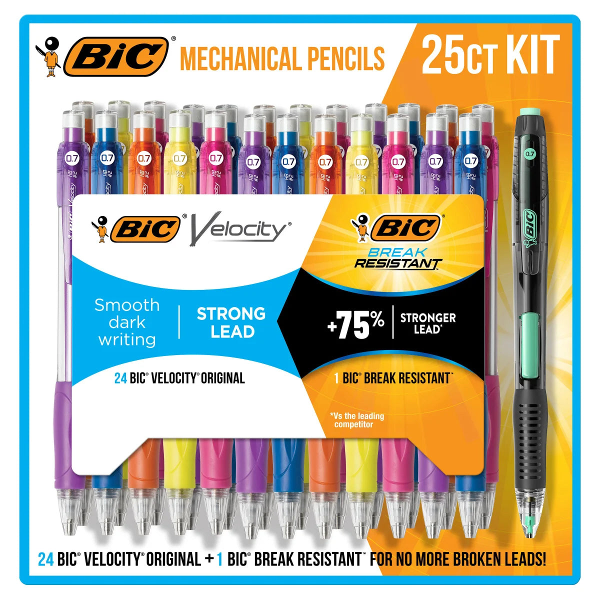 BIC Mechanical Pencil Set – 25 Pack (24 Velocity + 1 Break-Resistant, 0.7mm Lead)
