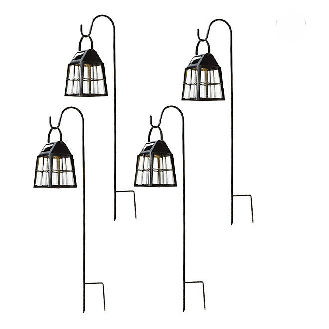 Deck Impressions Farmhouse-Style Solar LED Lanterns with Shepherd's Hooks – 4-Pack