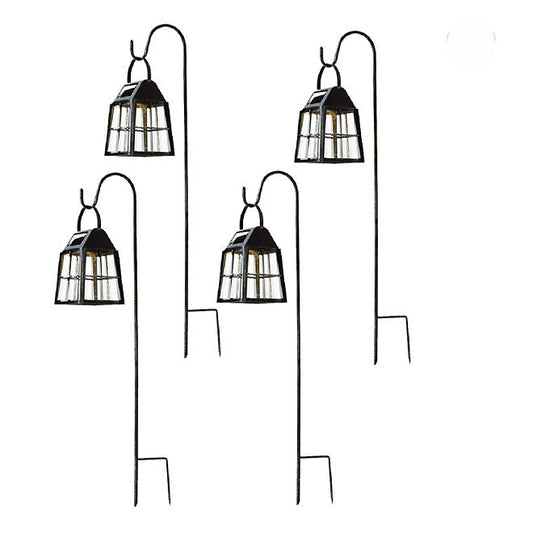 Deck Impressions Farmhouse-Style Solar LED Lanterns with Shepherd's Hooks – 4-Pack