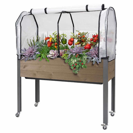Greenhouse & Bug Cover with Self-Watering Elevated Spruce Planter.