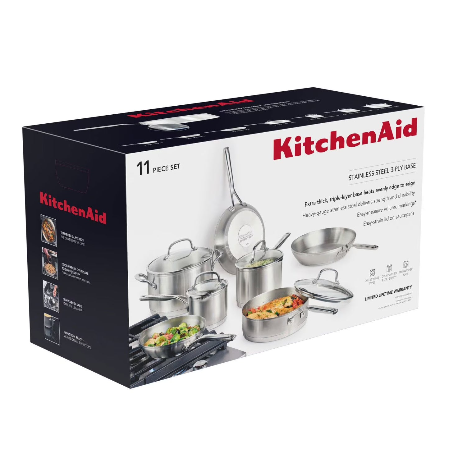 3 Ply Base Stainless Steel 11 Piece Cookware Set, Brushed Stainless Steel
