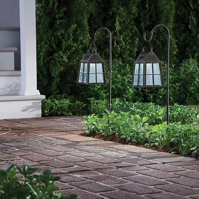 Deck Impressions Farmhouse-Style Solar LED Lanterns with Shepherd's Hooks – 4-Pack