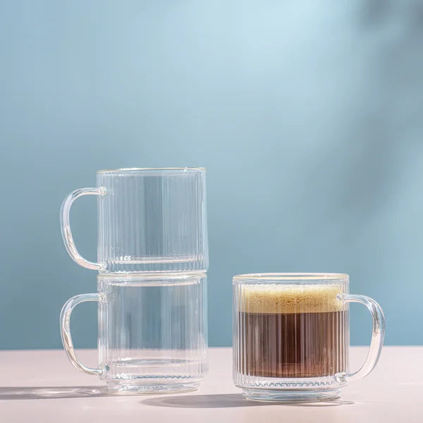 JoyJolt Haven 13.5 oz Fluted Stackable Double Wall Glass Mugs, Set of 6