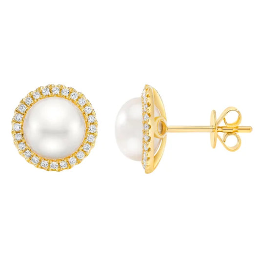 8-9 mm Pearl and Diamond 14kt Yellow Gold Earrings
