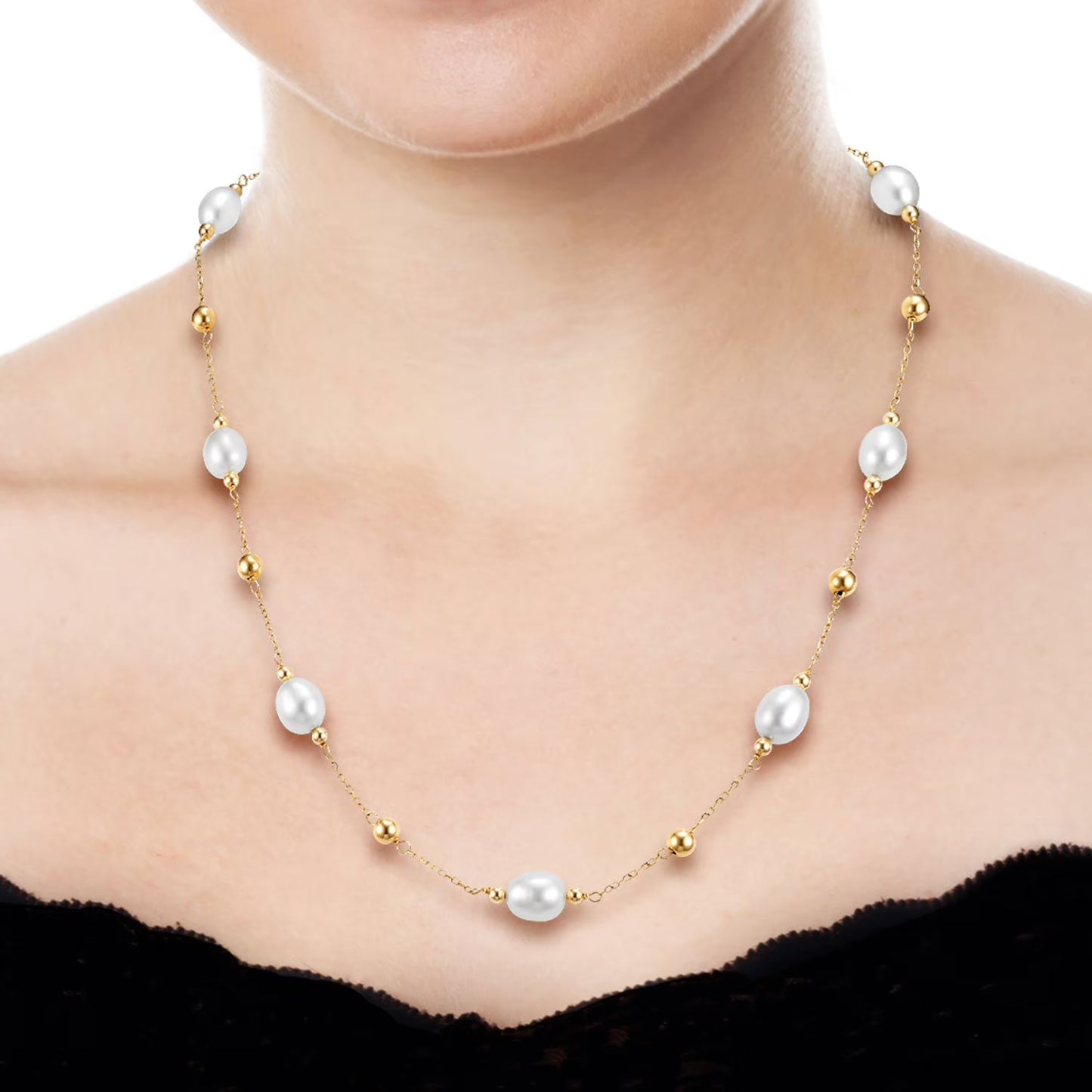 Freshwater Rice 8-9mm Pearl Station Necklace in 14K Gold