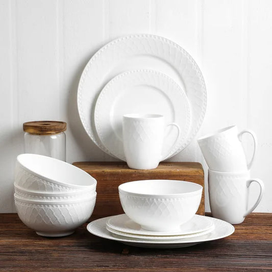 32-piece Bone China Basket Embossed Round Dinnerware Set