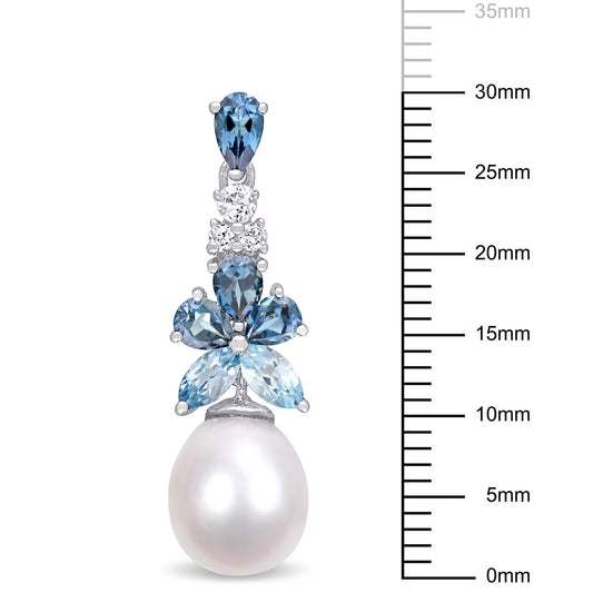 8.5-9 MM Freshwater Cultured Pearl Blue and White Topaz Drop Earrings