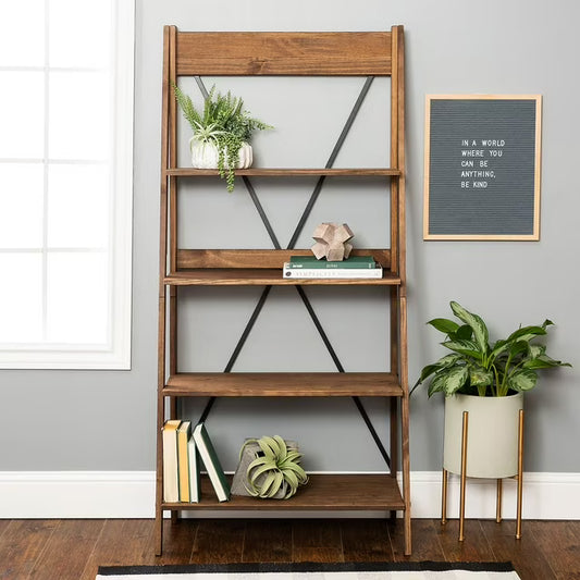 68" Solid Wood Ladder Bookshelf, Brown