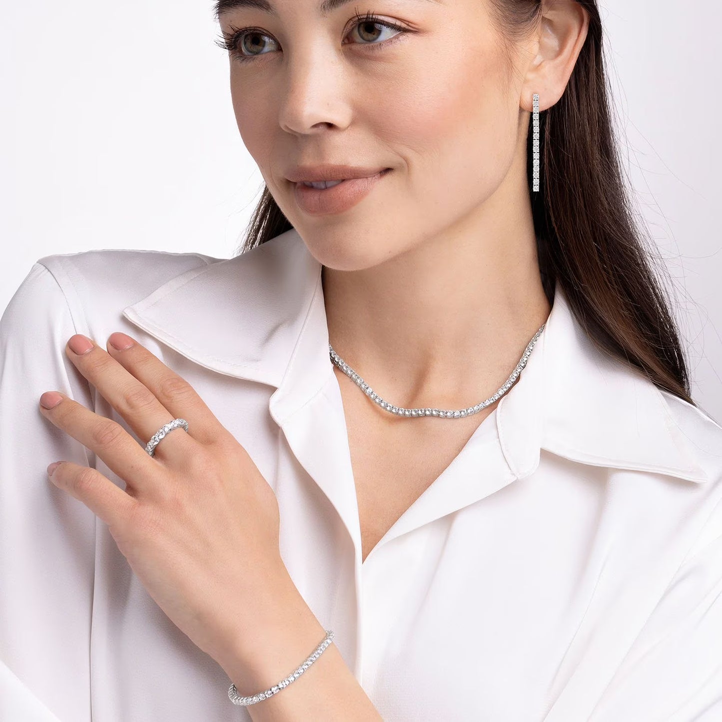 Lab Created White Sapphire Tennis Earrings in Sterling Silver