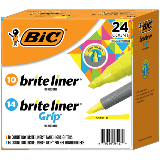 BIC Brite Liner Highlighter Combo Pack, 24-count Chisel Tip, Fluorescent Yellow