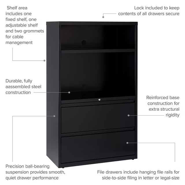 36" Wide 2 Drawer Lateral Combo File Cabinet, Black