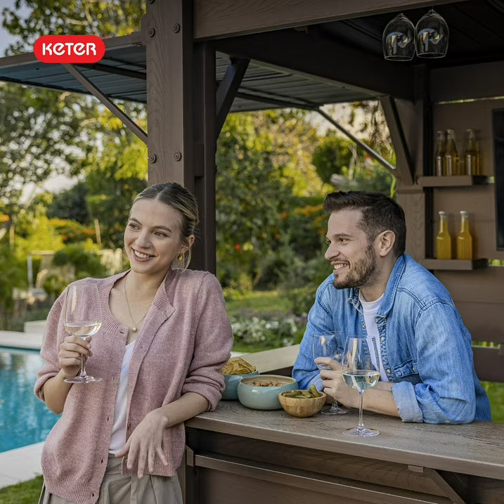 Keter 11' x 7' Signature Collection Resin Outdoor Bar Pine Gazebo with Awning