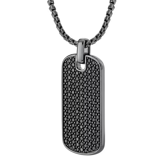 Men's Black Spinel Dog Tag Pendant Chain Necklace in Sterling Silver