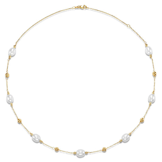 Freshwater Rice 8-9mm Pearl Station Necklace in 14K Gold