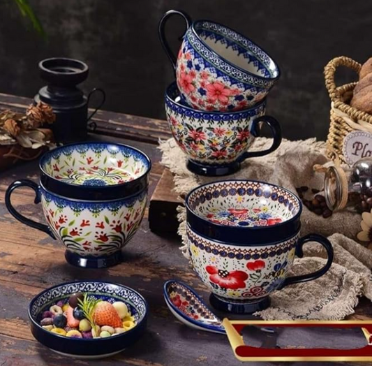 6 and 12 Piece Sets - Oversized Mugs with Spoons and Plates Set