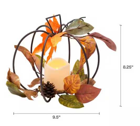 Festive Pumpkin Candle Holder with Metal Leaves