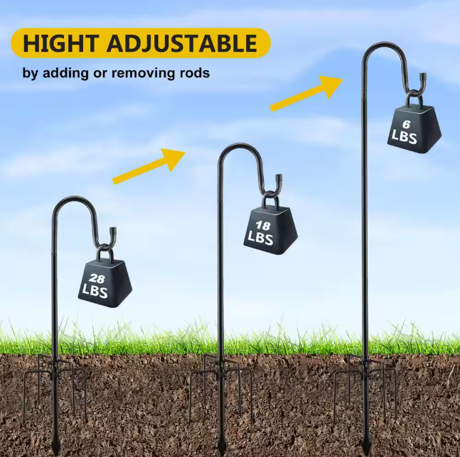 Black Adjustable Pole Steel Shepherds Hook with 5 Prong Base