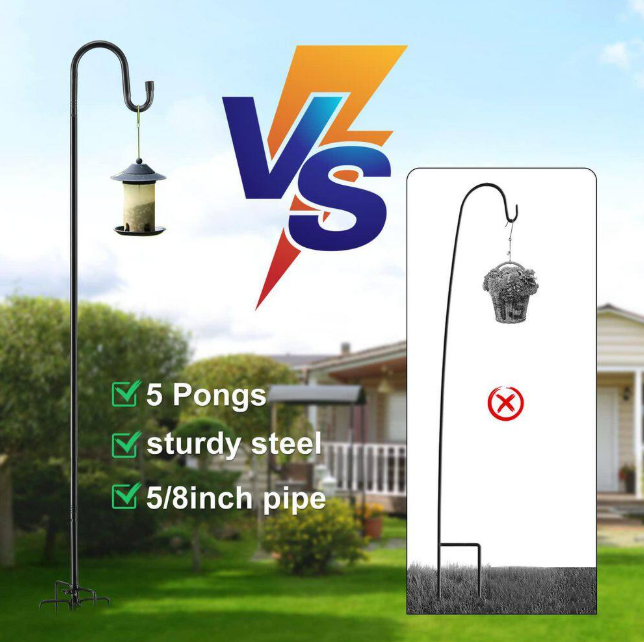 Black Adjustable Pole Steel Shepherds Hook with 5 Prong Base