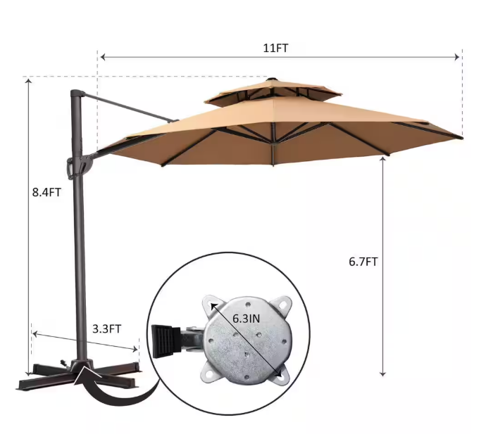 Double Top 11 ft. Round Aluminum Heavy-Duty 360° Rotation Cantilever Offset Outdoor Patio Umbrella