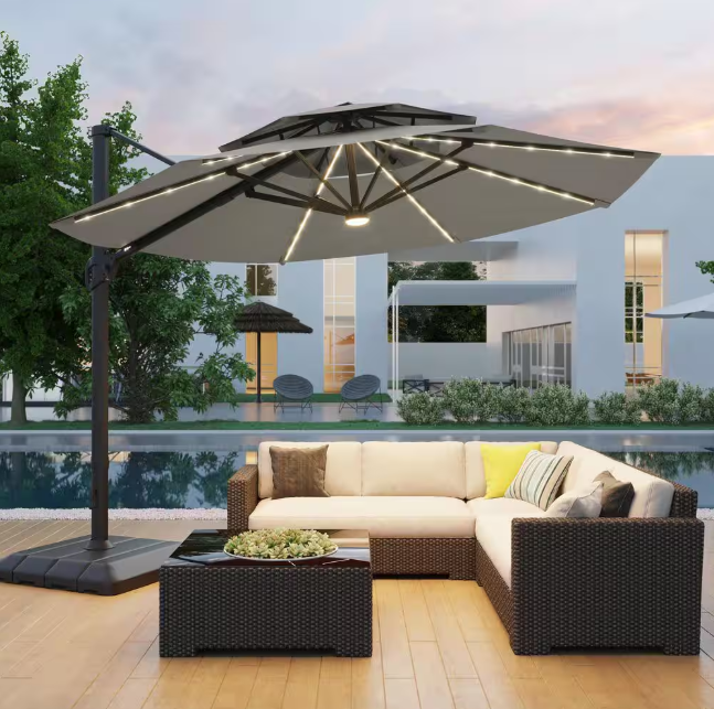 11 ft. Double Top Aluminum LED Cantilever Patio Umbrella with Base for Patio Deck