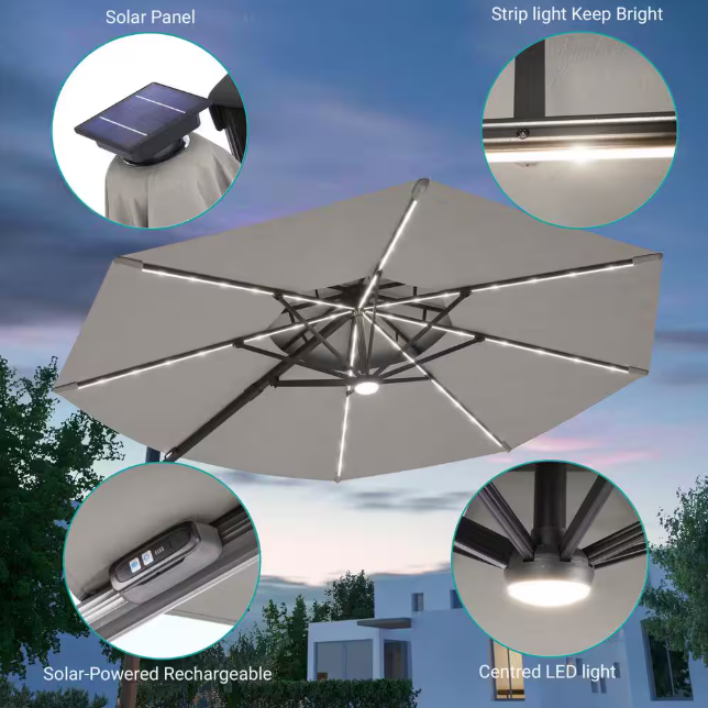 11 ft. Double Top Aluminum LED Cantilever Patio Umbrella with Base for Patio Deck