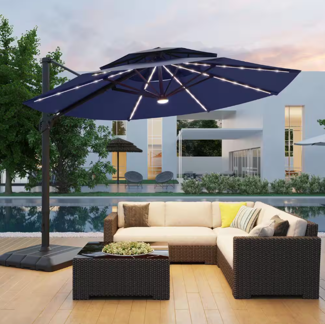 11 ft. Double Top Aluminum LED Cantilever Patio Umbrella with Base for Patio Deck