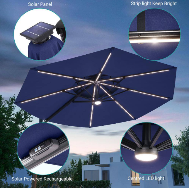 11 ft. Double Top Aluminum LED Cantilever Patio Umbrella with Base for Patio Deck