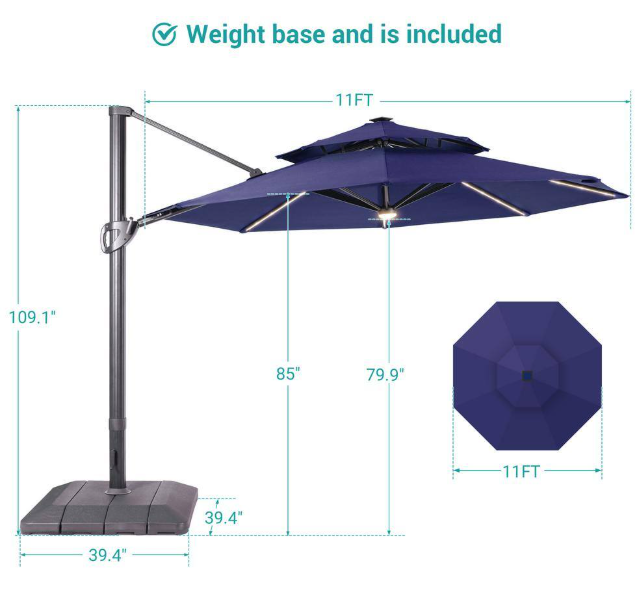 11 ft. Double Top Aluminum LED Cantilever Patio Umbrella with Base for Patio Deck