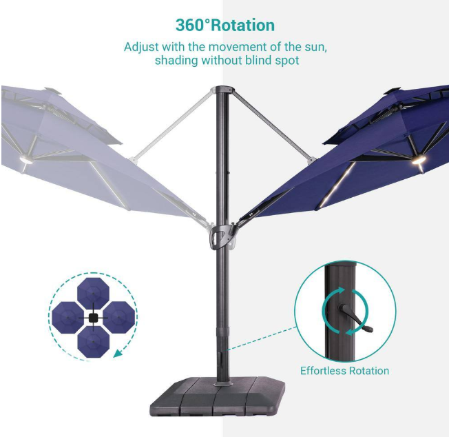 11 ft. Double Top Aluminum LED Cantilever Patio Umbrella with Base for Patio Deck