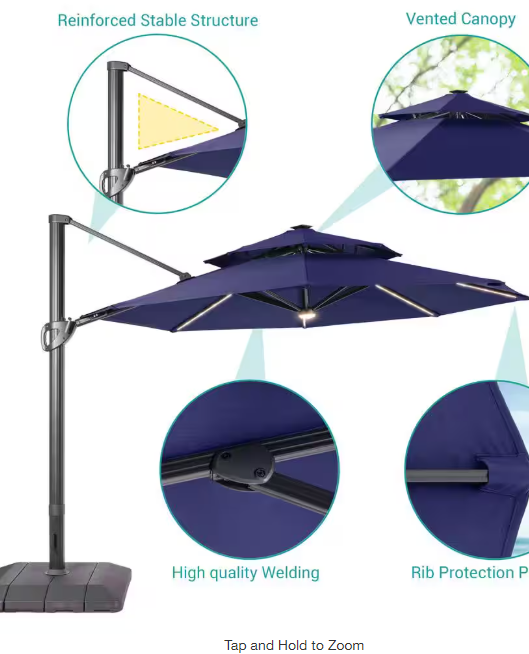 11 ft. Double Top Aluminum LED Cantilever Patio Umbrella with Base for Patio Deck