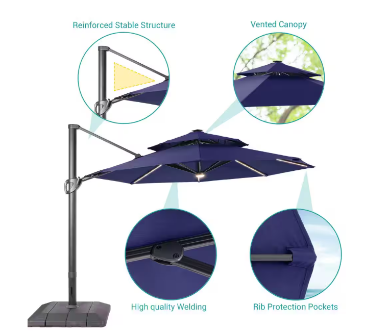 11 ft. Double Top Aluminum LED Cantilever Patio Umbrella with Base for Patio Deck