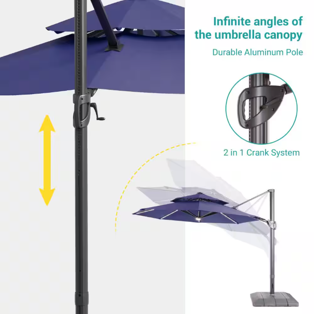 11 ft. Double Top Aluminum LED Cantilever Patio Umbrella with Base for Patio Deck