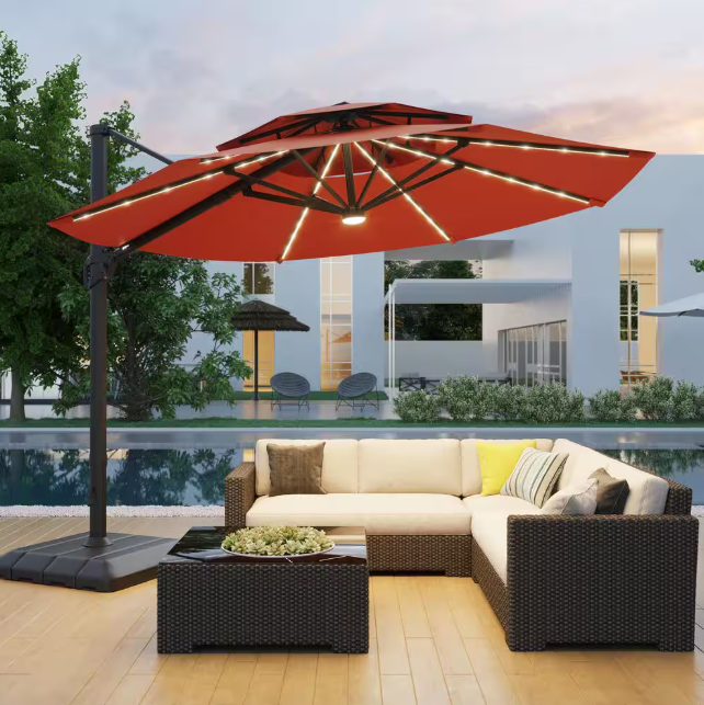 11 ft. Double Top Aluminum LED Cantilever Patio Umbrella with Base for Patio Deck
