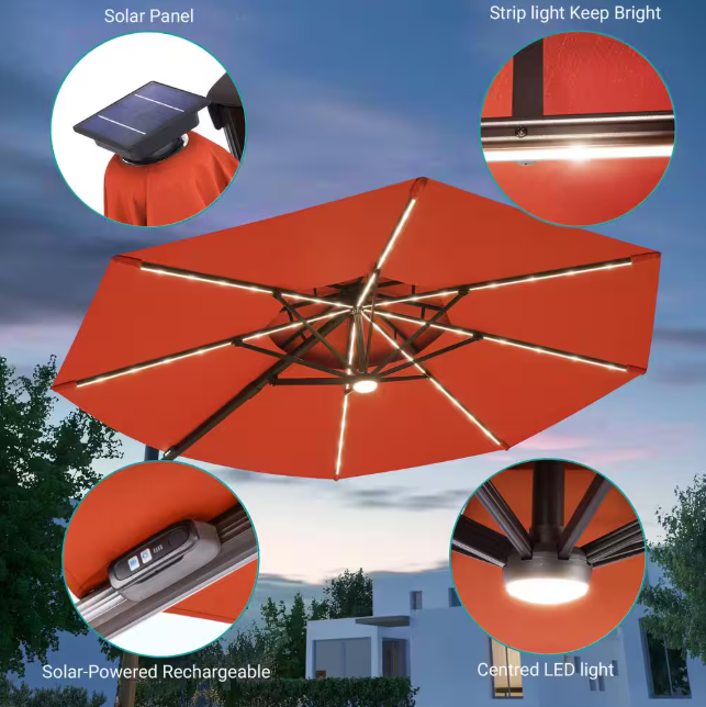 11 ft. Double Top Aluminum LED Cantilever Patio Umbrella with Base for Patio Deck
