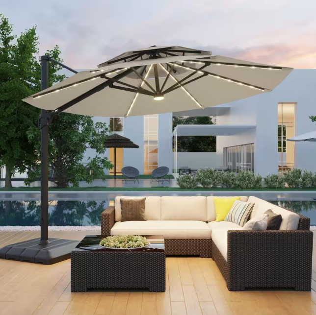 11 ft. Double Top Aluminum LED Cantilever Patio Umbrella with Base for Patio Deck
