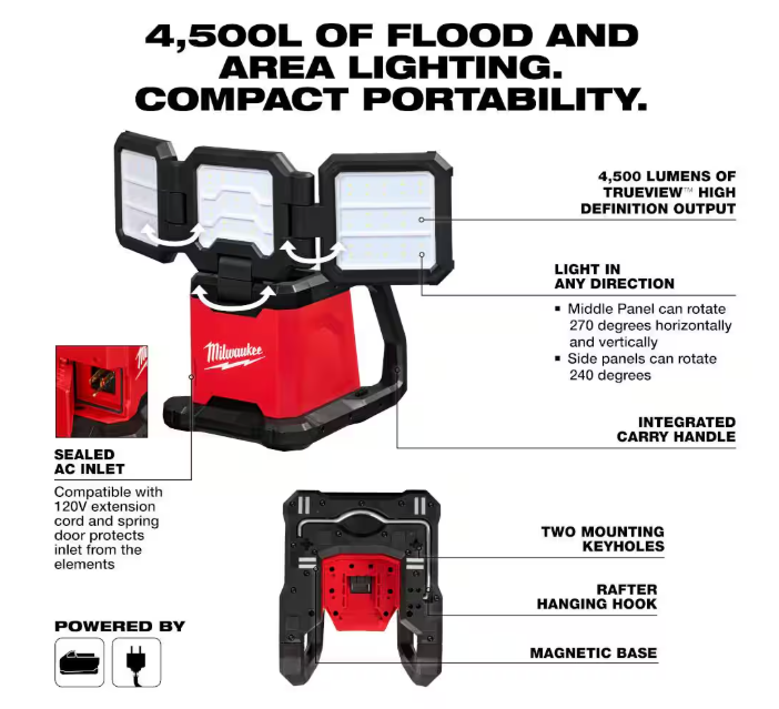 18-Volt Lith-Ion cordless 4500 Lumens ROVER Dual Power Triple-Panel Flood