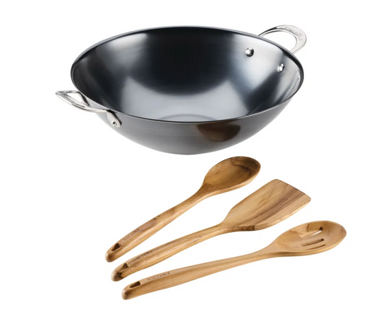 Anolon EverLast Carbon Steel 4-piece Wok and Teak Tool Set