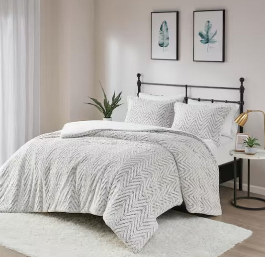 3-Piece Ivory Geometric Faux Fur Duvet Cover Set