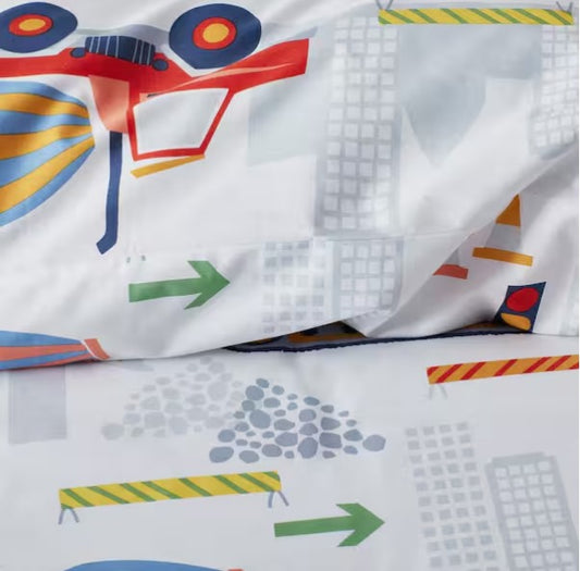 Construction Trucks White Multi Organic Cotton Sheet Set