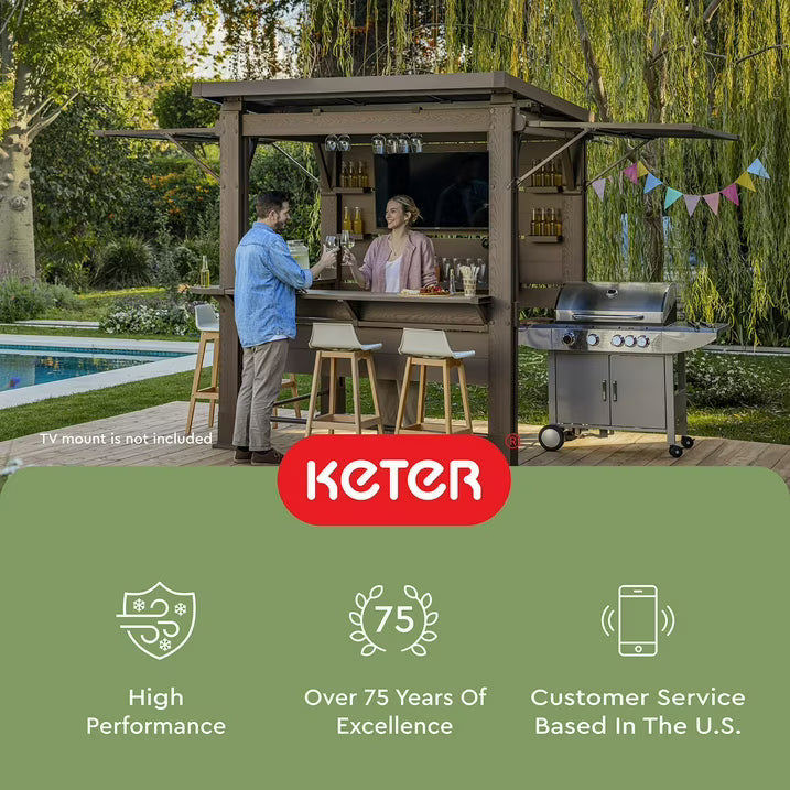 Keter 11' x 7' Signature Collection Resin Outdoor Bar Pine Gazebo with Awning