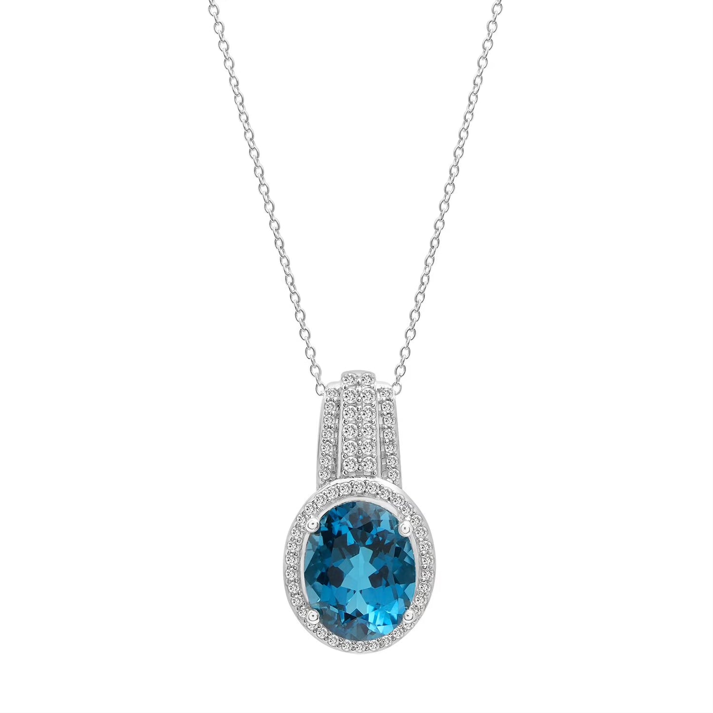 Treated London Blue Topaz & Halo Diamond Pendant Necklace in 14K Gold