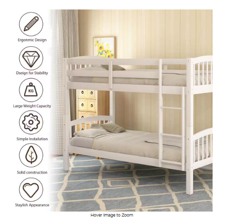 Twin over Twin Wood Bunk Bed with Ladder, White - Divided into 2 Separate Beds