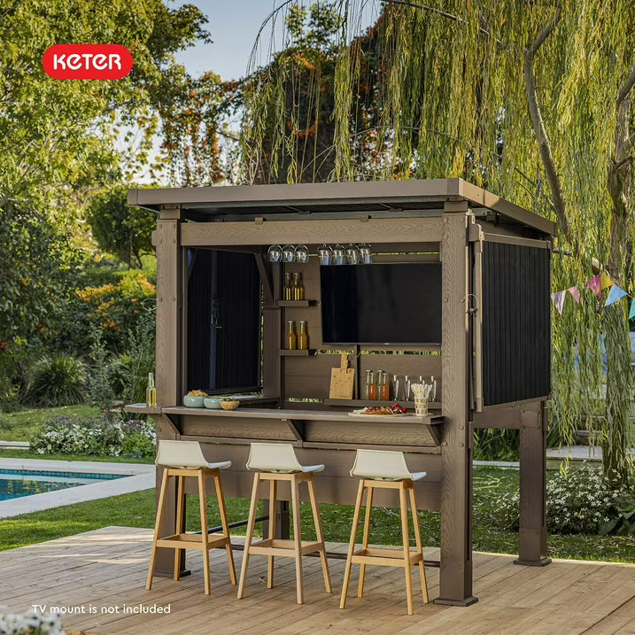 Keter 11' x 7' Signature Collection Resin Outdoor Bar Pine Gazebo with Awning