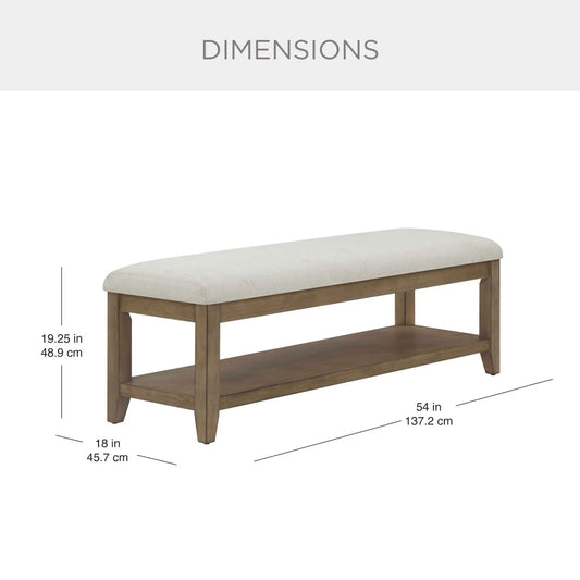 Beige Fabric Upholstery and Wood Bench with Lower Storage Shelf