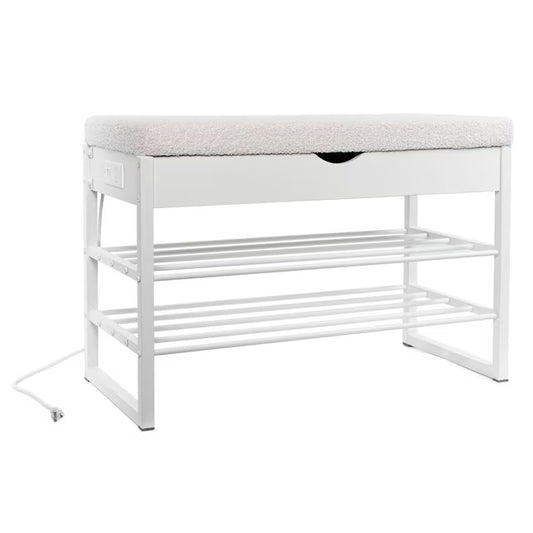 Home Upholstered Storage Bench with Charging Station, White